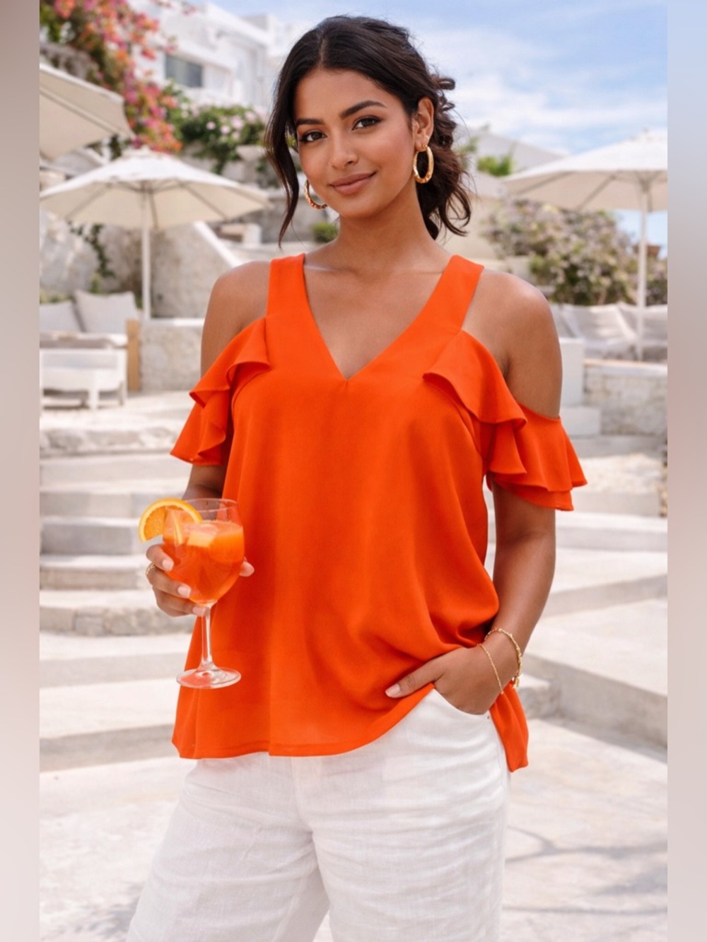 Crosby by Mollie Burch Orange Ruffle Tank Top Open Back Medium - Picture 2 of 10